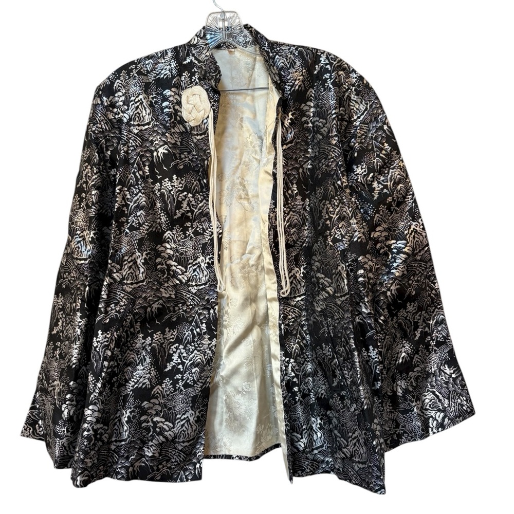 Vintage Chinese Brocade Jacket Black Silver Metallic Frog Closure Festival Goth
